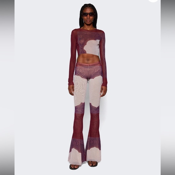 Jean Paul Gaultier Pants - JEAN PAUL GAULTIER CARTOUCHE PRINTED MESH FLARE PANT PURPLE XS US4 $863